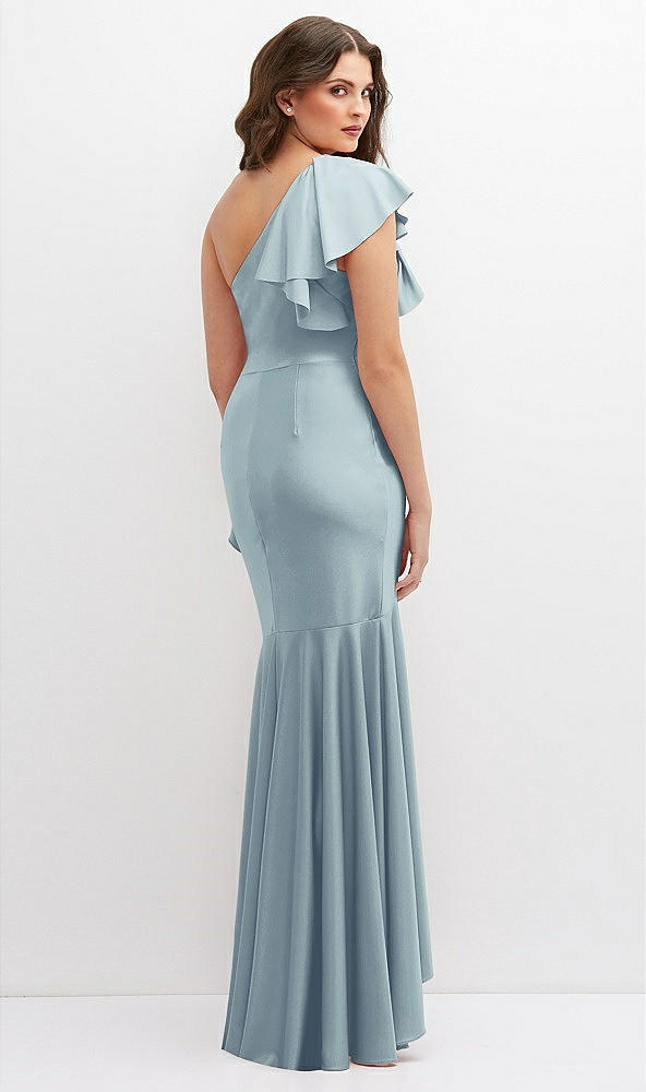 Back View - Mist One-Shoulder Stretch Satin Mermaid Dress with Cascade Ruffle Flamenco Skirt