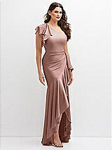 Side View Thumbnail - Neu Nude One-Shoulder Stretch Satin Mermaid Dress with Cascade Ruffle Flamenco Skirt