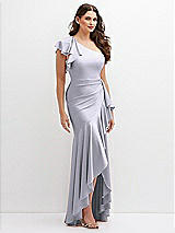 Side View Thumbnail - Silver Dove One-Shoulder Stretch Satin Mermaid Dress with Cascade Ruffle Flamenco Skirt