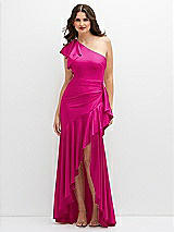 Front View Thumbnail - Think Pink One-Shoulder Stretch Satin Mermaid Dress with Cascade Ruffle Flamenco Skirt