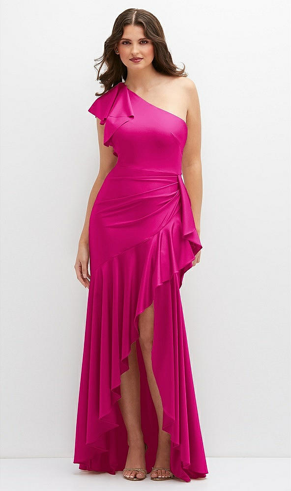 Front View - Think Pink One-Shoulder Stretch Satin Mermaid Dress with Cascade Ruffle Flamenco Skirt