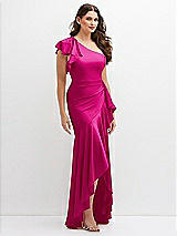 Side View Thumbnail - Think Pink One-Shoulder Stretch Satin Mermaid Dress with Cascade Ruffle Flamenco Skirt