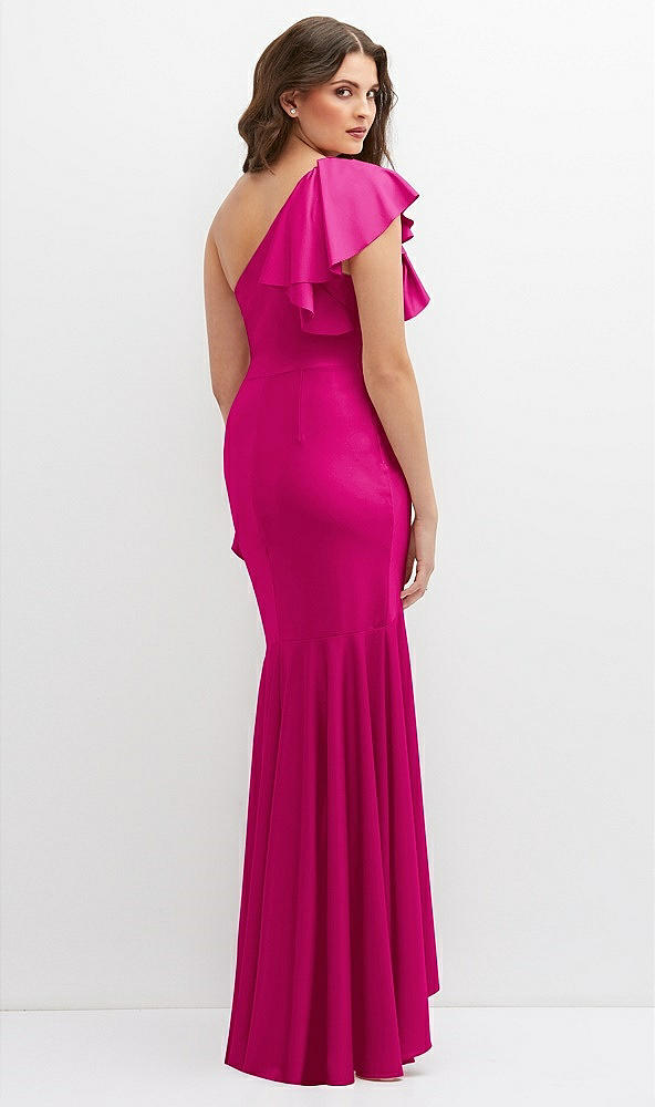 Back View - Think Pink One-Shoulder Stretch Satin Mermaid Dress with Cascade Ruffle Flamenco Skirt