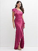 Side View Thumbnail - Tea Rose One-Shoulder Stretch Satin Mermaid Dress with Cascade Ruffle Flamenco Skirt