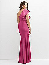 Rear View Thumbnail - Tea Rose One-Shoulder Stretch Satin Mermaid Dress with Cascade Ruffle Flamenco Skirt