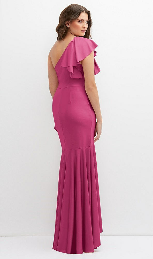 Back View - Tea Rose One-Shoulder Stretch Satin Mermaid Dress with Cascade Ruffle Flamenco Skirt