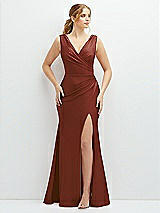 Front View Thumbnail - Auburn Moon Draped Wrap Stretch Satin Mermaid Dress with Horsehair Hem