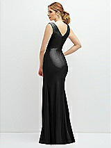 Rear View Thumbnail - Black Draped Wrap Stretch Satin Mermaid Dress with Horsehair Hem