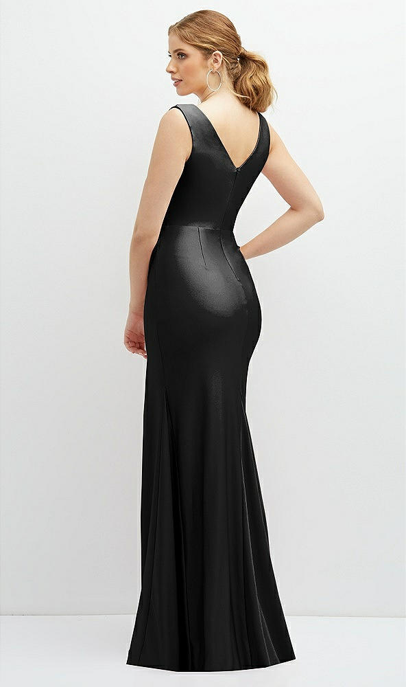 Back View - Black Draped Wrap Stretch Satin Mermaid Dress with Horsehair Hem