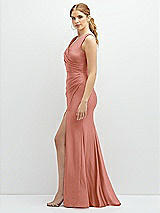 Side View Thumbnail - Desert Rose Draped Wrap Stretch Satin Mermaid Dress with Horsehair Hem