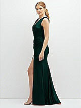 Side View Thumbnail - Evergreen Draped Wrap Stretch Satin Mermaid Dress with Horsehair Hem