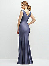 Rear View Thumbnail - French Blue Draped Wrap Stretch Satin Mermaid Dress with Horsehair Hem