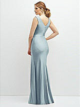 Rear View Thumbnail - Mist Draped Wrap Stretch Satin Mermaid Dress with Horsehair Hem