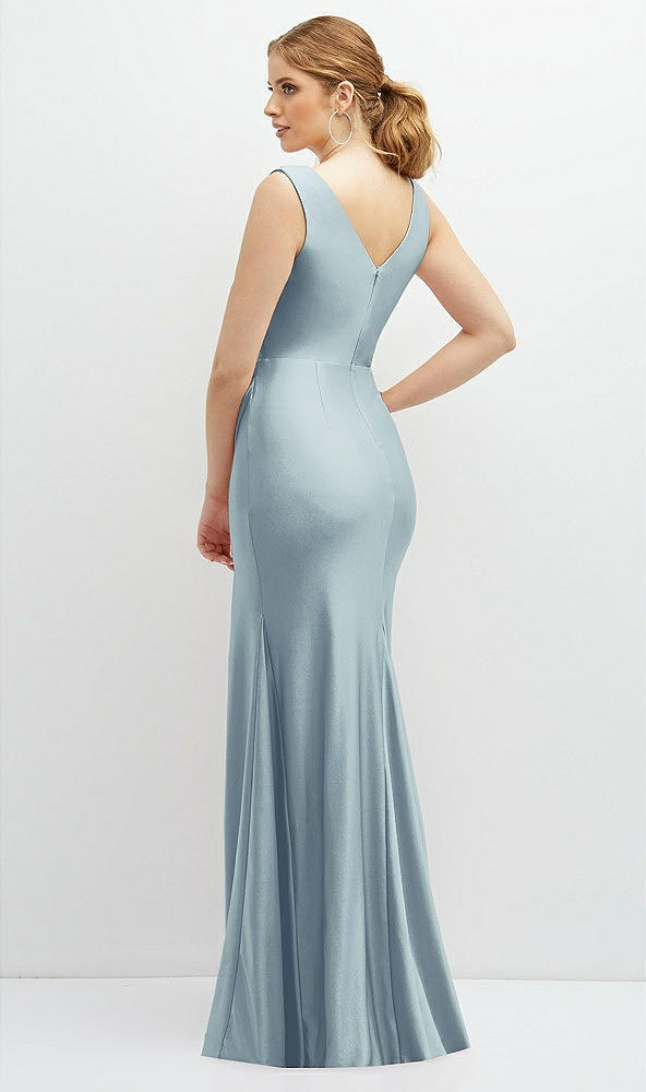 Back View - Mist Draped Wrap Stretch Satin Mermaid Dress with Horsehair Hem