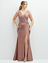 Front View Thumbnail - Neu Nude Draped Wrap Stretch Satin Mermaid Dress with Horsehair Hem