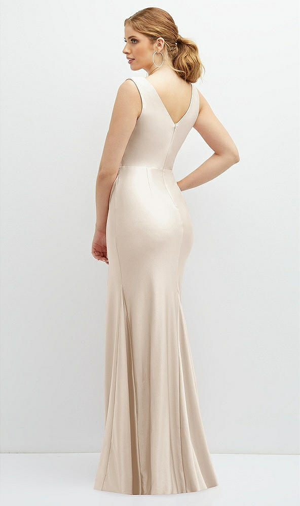 Back View - Oat Draped Wrap Stretch Satin Mermaid Dress with Horsehair Hem