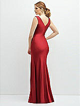 Rear View Thumbnail - Poppy Red Draped Wrap Stretch Satin Mermaid Dress with Horsehair Hem