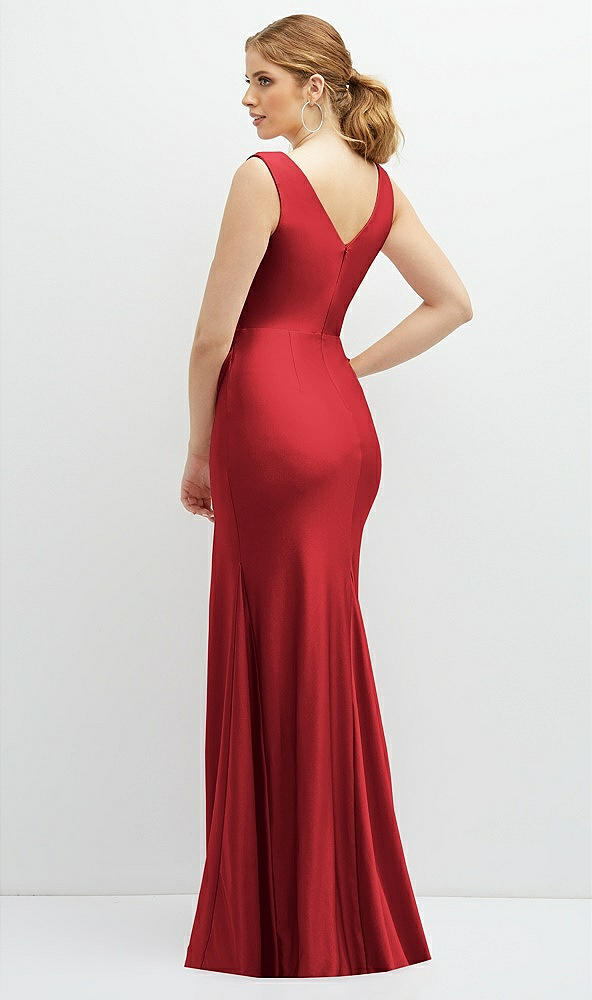 Back View - Poppy Red Draped Wrap Stretch Satin Mermaid Dress with Horsehair Hem