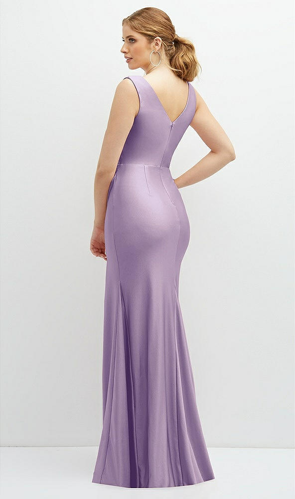 Back View - Pale Purple Draped Wrap Stretch Satin Mermaid Dress with Horsehair Hem