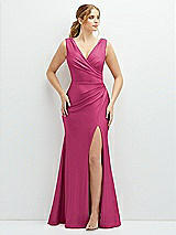 Front View Thumbnail - Tea Rose Draped Wrap Stretch Satin Mermaid Dress with Horsehair Hem