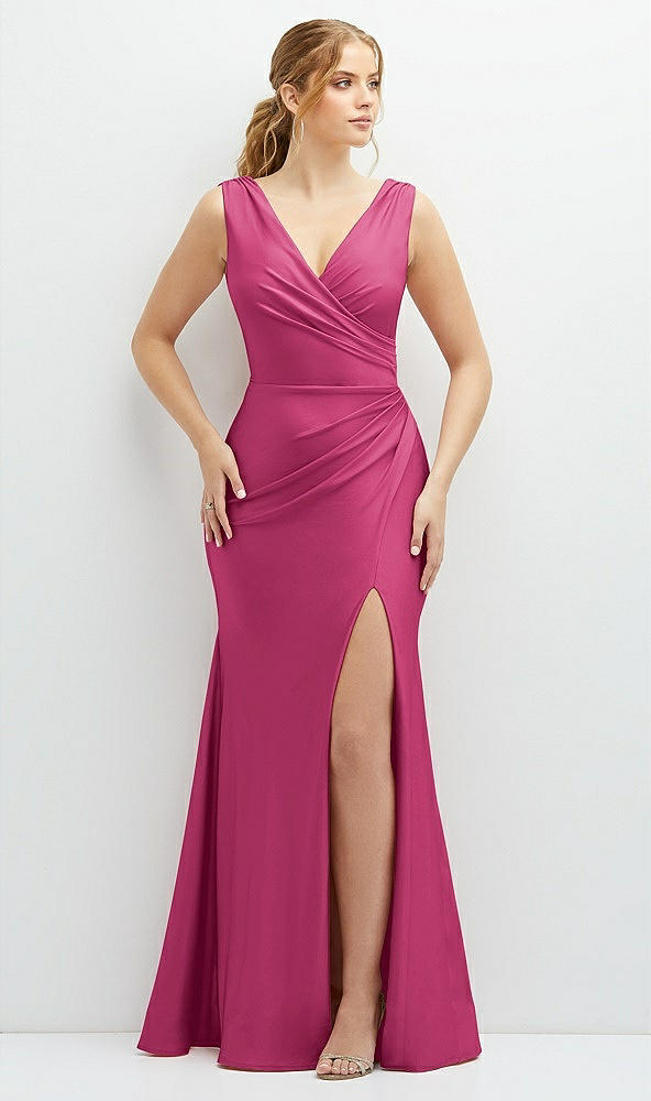 Front View - Tea Rose Draped Wrap Stretch Satin Mermaid Dress with Horsehair Hem