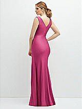 Rear View Thumbnail - Tea Rose Draped Wrap Stretch Satin Mermaid Dress with Horsehair Hem