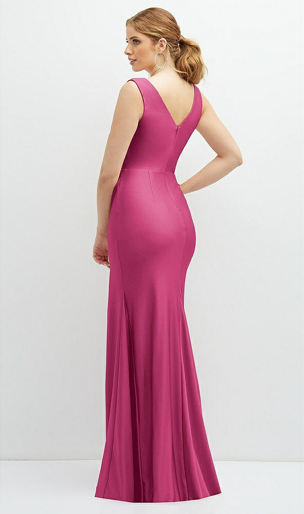 Back View - Tea Rose Draped Wrap Stretch Satin Mermaid Dress with Horsehair Hem