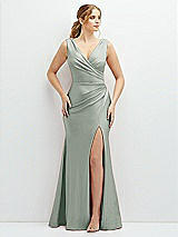 Front View Thumbnail - Willow Green Draped Wrap Stretch Satin Mermaid Dress with Horsehair Hem