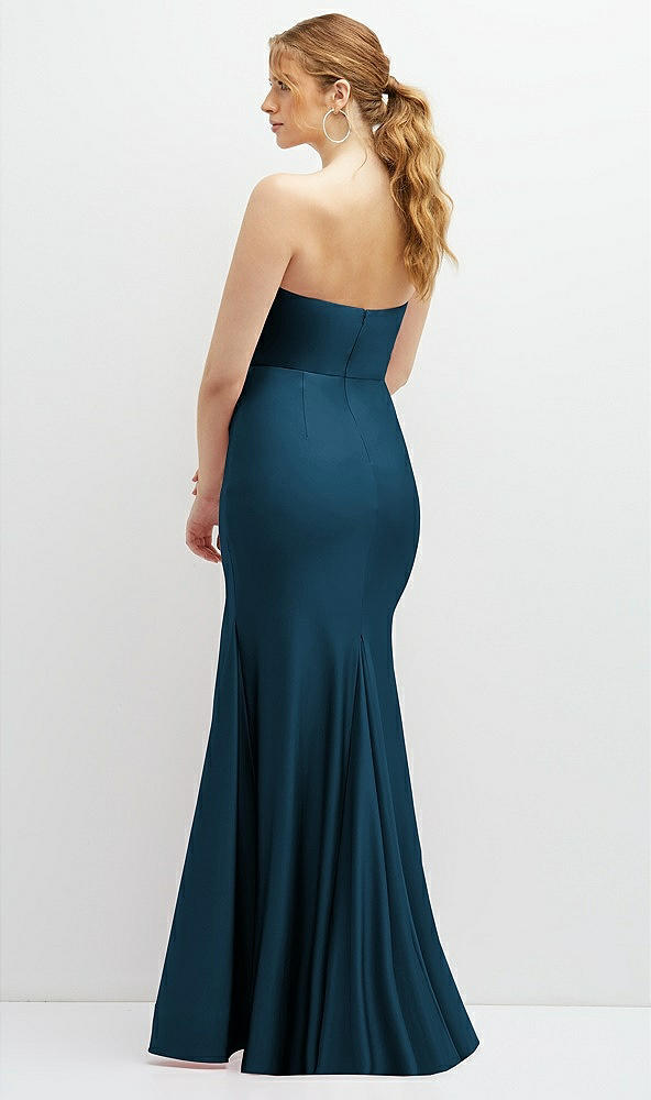 Back View - Atlantic Blue Strapless Basque-Neck Draped Stretch Satin Mermaid Dress with Horsehair Hem