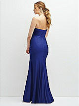 Rear View Thumbnail - Cobalt Blue Strapless Basque-Neck Draped Stretch Satin Mermaid Dress with Horsehair Hem