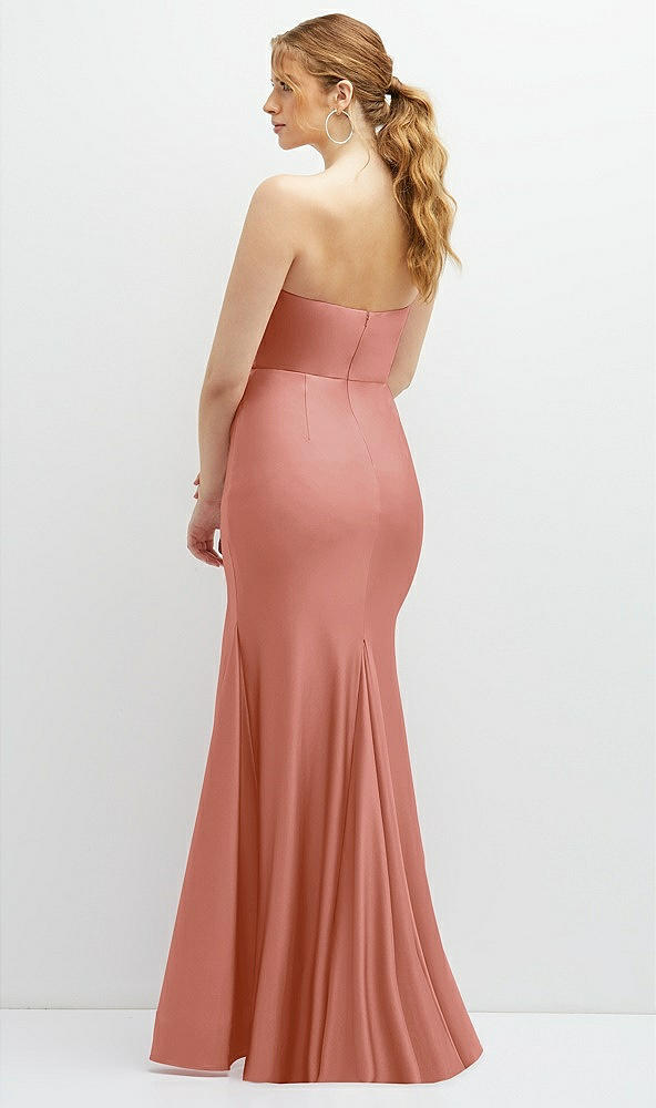 Back View - Desert Rose Strapless Basque-Neck Draped Stretch Satin Mermaid Dress with Horsehair Hem