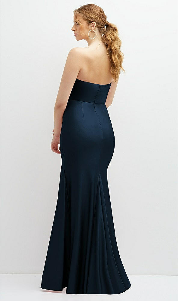 Back View - Midnight Navy Strapless Basque-Neck Draped Stretch Satin Mermaid Dress with Horsehair Hem