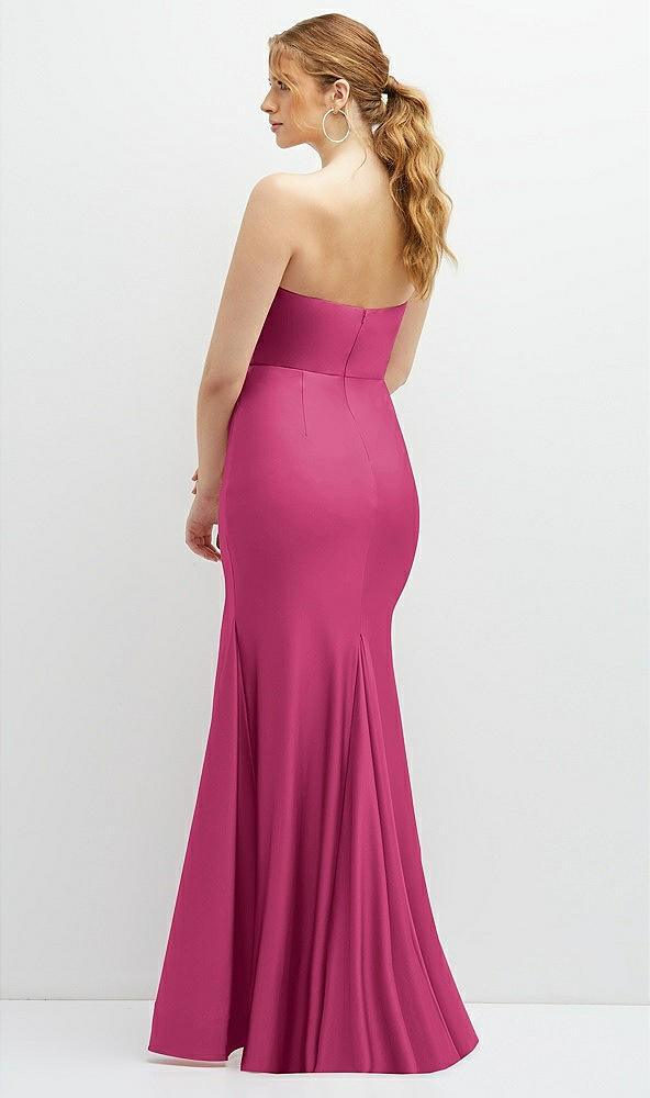 Back View - Tea Rose Strapless Basque-Neck Draped Stretch Satin Mermaid Dress with Horsehair Hem