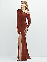 Side View Thumbnail - Auburn Moon Long Sleeve Cold-Shoulder Draped Stretch Satin Mermaid Dress with Horsehair Hem