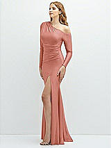 Side View Thumbnail - Desert Rose Long Sleeve Cold-Shoulder Draped Stretch Satin Mermaid Dress with Horsehair Hem