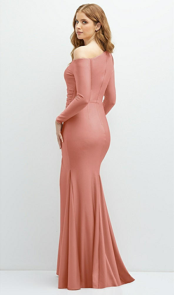 Back View - Desert Rose Long Sleeve Cold-Shoulder Draped Stretch Satin Mermaid Dress with Horsehair Hem