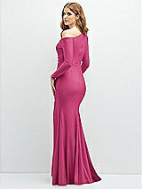 Rear View Thumbnail - Tea Rose Long Sleeve Cold-Shoulder Draped Stretch Satin Mermaid Dress with Horsehair Hem