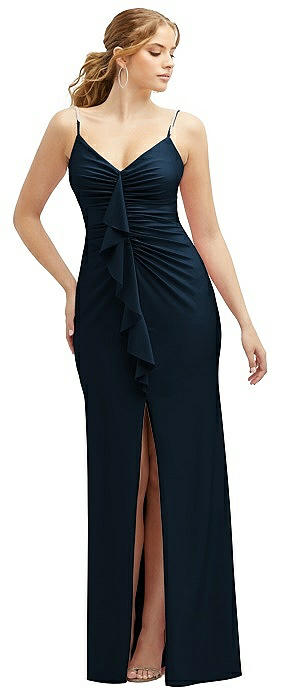 Rhinestone Strap Stretch Satin Maxi Dress with Vertical Cascade Ruffle