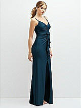 Side View Thumbnail - Atlantic Blue Rhinestone Strap Stretch Satin Maxi Dress with Vertical Cascade Ruffle