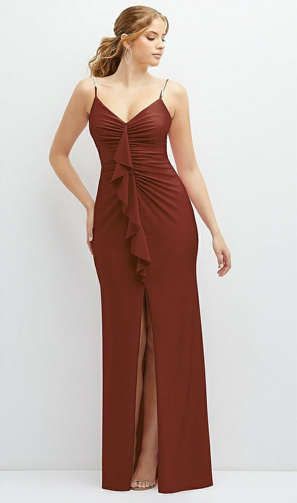 Front View - Auburn Moon Rhinestone Strap Stretch Satin Maxi Dress with Vertical Cascade Ruffle