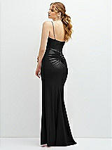 Rear View Thumbnail - Black Rhinestone Strap Stretch Satin Maxi Dress with Vertical Cascade Ruffle