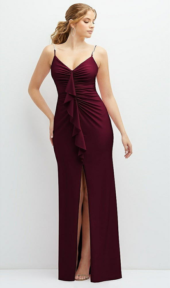 Front View - Cabernet Rhinestone Strap Stretch Satin Maxi Dress with Vertical Cascade Ruffle