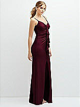 Side View Thumbnail - Cabernet Rhinestone Strap Stretch Satin Maxi Dress with Vertical Cascade Ruffle