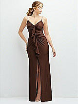 Front View Thumbnail - Cognac Rhinestone Strap Stretch Satin Maxi Dress with Vertical Cascade Ruffle