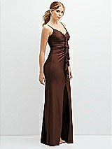 Side View Thumbnail - Cognac Rhinestone Strap Stretch Satin Maxi Dress with Vertical Cascade Ruffle