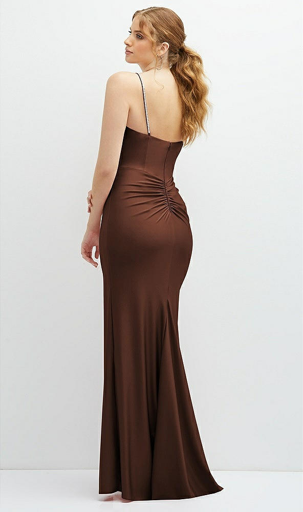 Back View - Cognac Rhinestone Strap Stretch Satin Maxi Dress with Vertical Cascade Ruffle