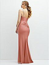 Rear View Thumbnail - Desert Rose Rhinestone Strap Stretch Satin Maxi Dress with Vertical Cascade Ruffle