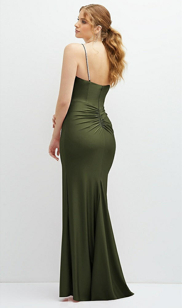 Back View - Olive Green Rhinestone Strap Stretch Satin Maxi Dress with Vertical Cascade Ruffle