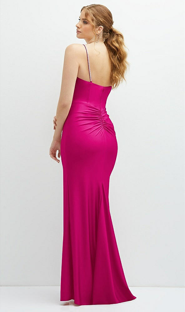 Back View - Think Pink Rhinestone Strap Stretch Satin Maxi Dress with Vertical Cascade Ruffle