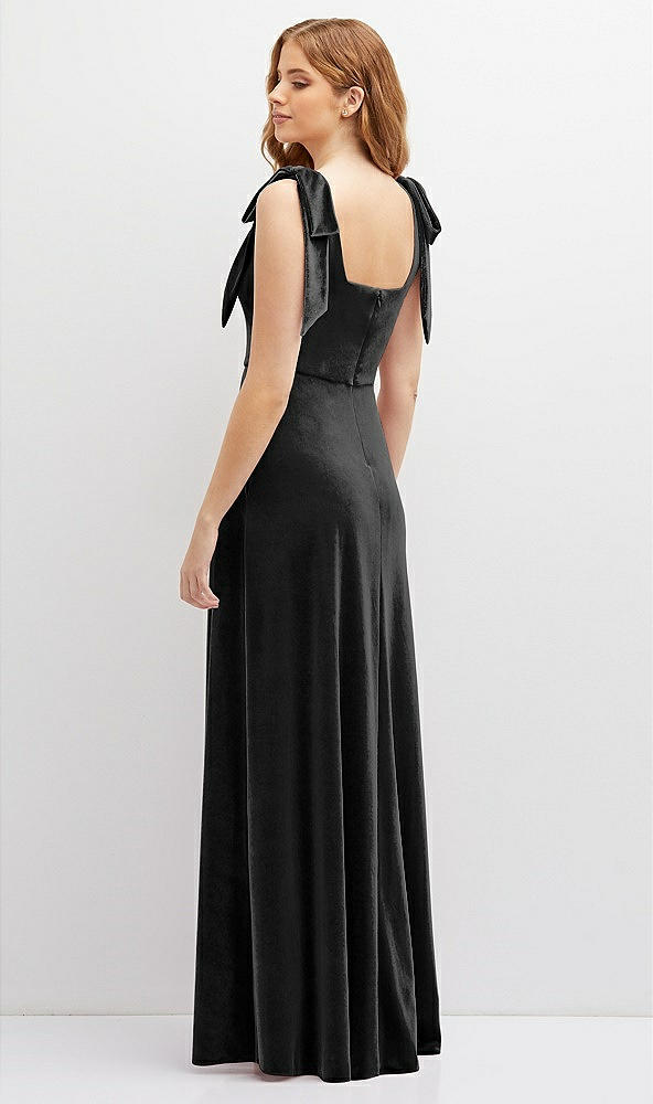 Back View - Black Square Neck Velvet Maxi Dress with Bow Shoulders